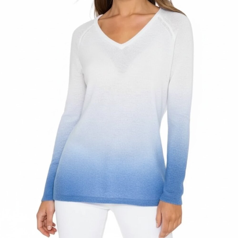 Cashmere Kinross Sweater Ombre Vee‎ Blue White Boho Size Large Heritagecore